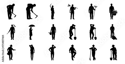 Silhouettes of people with gardening tools rake