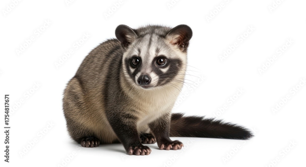 Fototapeta premium Civet isolated, seated. Furry, tail curled, front view