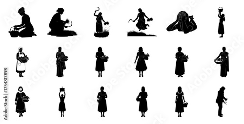 Silhouettes of women with baskets and harvest farming
