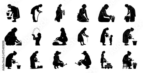 Women gardening planting watering silhouette