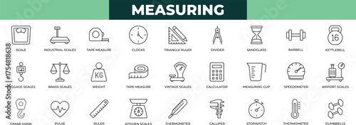 Measuring and measurement elements line icon set with rulers, scales, protractors, tape measures, and precision tools for design projects.