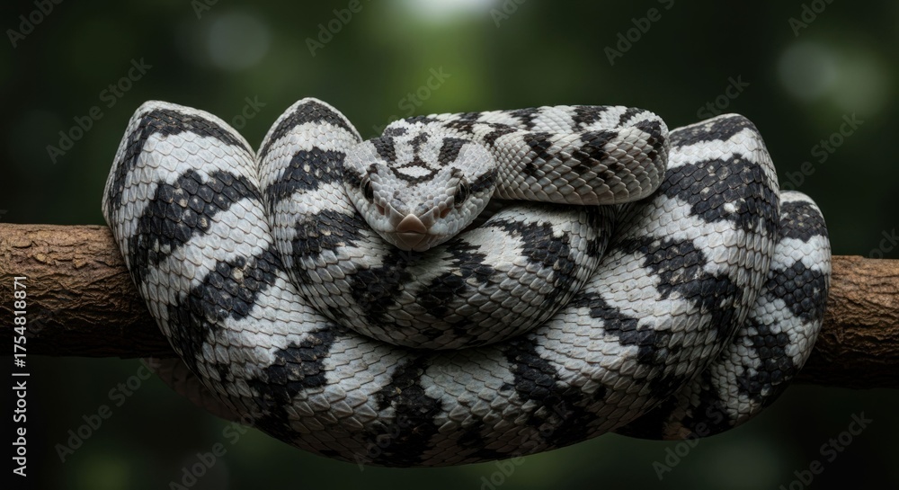 Obraz premium Coiled snake, black/white patterned, on tree branch