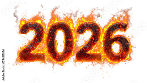 Fiery year 2026 inscription burning with vibrant flames on a transparent background