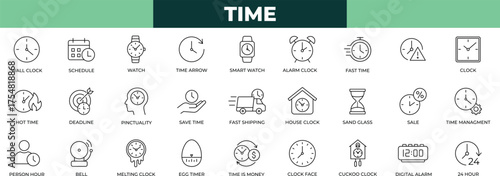 Time minimal thin line icon set. day, linear, interface, 24, gear, pictogram, wristawatch, web, date, alarm icons collection. 