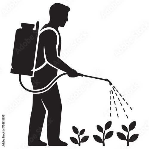 Black Silhouette Vector Icon: Person Spraying Plants with Backpack Sprayer