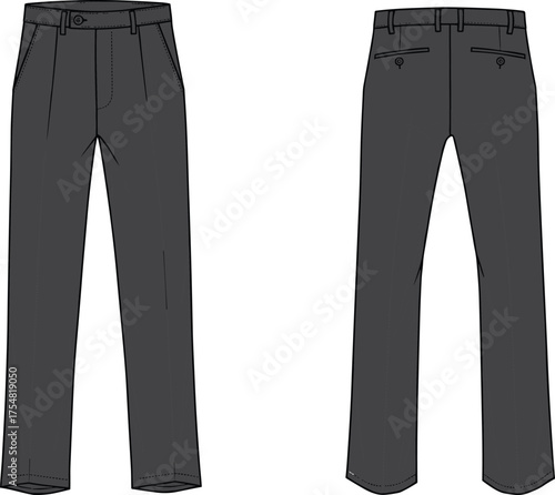 Trousers Pants Menswear Tailored Formal Fashion Apparel Clothing Garment Technical Sketch Flat Drawing Design Illustration Waistband Pockets Classic Elegant Professional