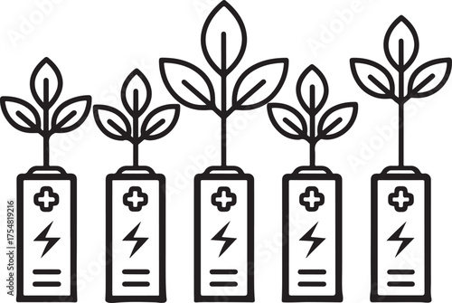 Tree growing line art icon set, with battery illustration