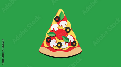 Vector art of pizza slice with mushroom, olive, tomato, and basil toppings on green background delicious italian food concept in paper cut style vector illustration