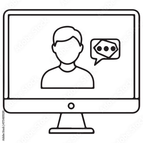 Black Line Icon of Online Communication on a Computer Monitor