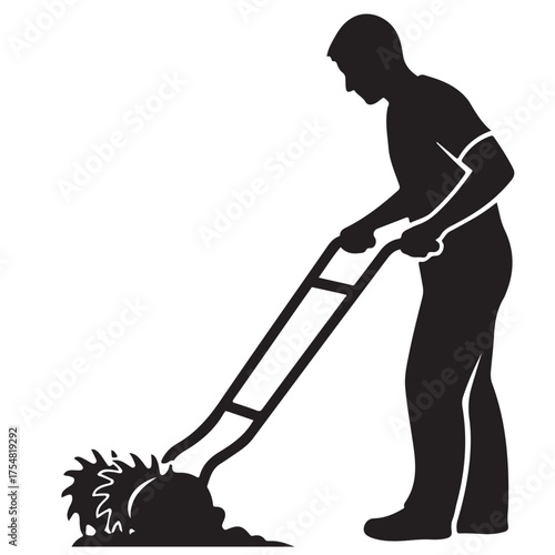 Graphic Black Silhouette Man Operating Tiller White Background