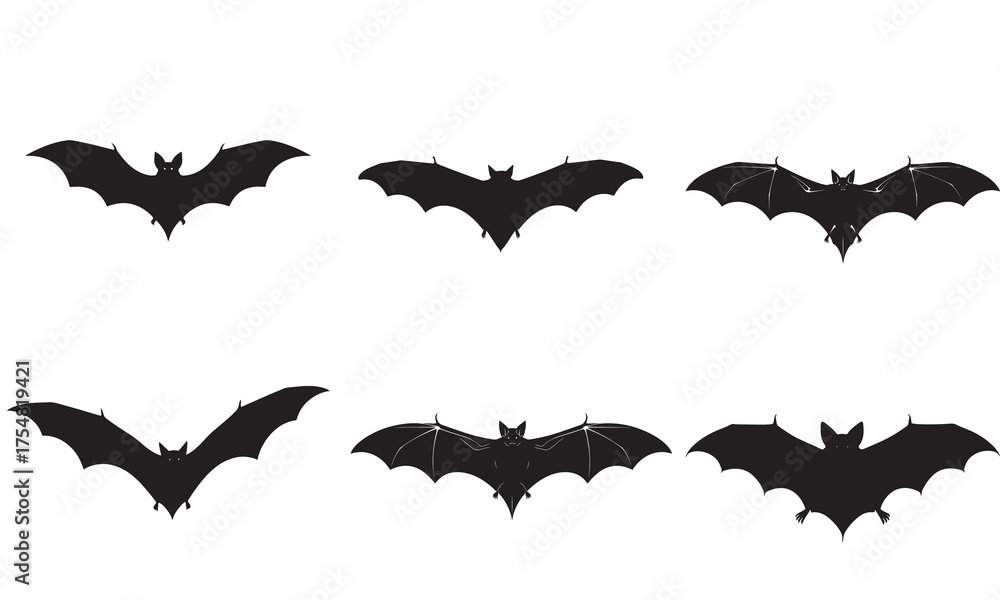 Naklejka premium A Collection of Black Bat Silhouettes Soaring Against a White Backdrop Featuring Halloween Inspired Winged Creatures