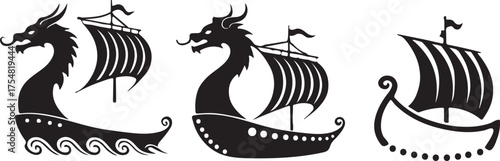 Viking ship with dragon head black icon, flat vector silhouette design