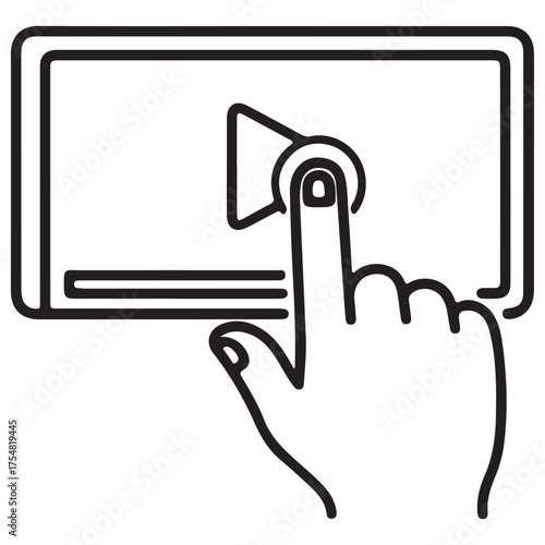 Outline Icon Finger Tapping Play Button on Digital Screen