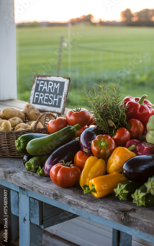 Abundant display of fresh organic vegetables and herbs at a rustic farm stand with a green field in the background at sunset