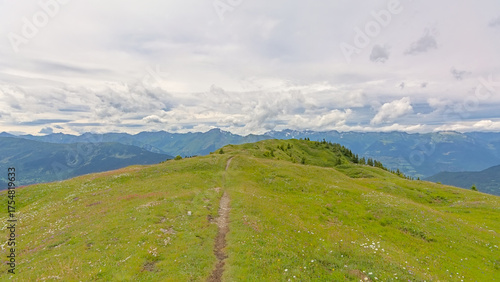 hiking trail through a green mountain landscape under a cloudy sky in La Vanoise nature reserve, Savoie, France 