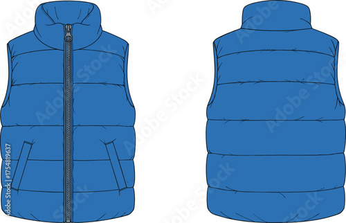 Puffer Vest Jacket Outerwear Quilted Insulated Warm Clothing Fashion Apparel Garment Technical Sketch Design Illustration Zipper Collar Pockets Winterwear Front Back