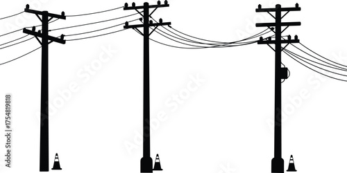 Utility Pole Wires Cables Transformer Insulator Electricity Power Grid Energy Infrastructure Silhouette Network Voltage Distribution Transmission Birds Safety Construction Urban