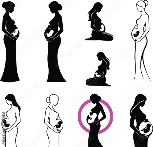 A set of 8 unique vector icons depicting pregnant women with visible baby silhouettes inside the womb.