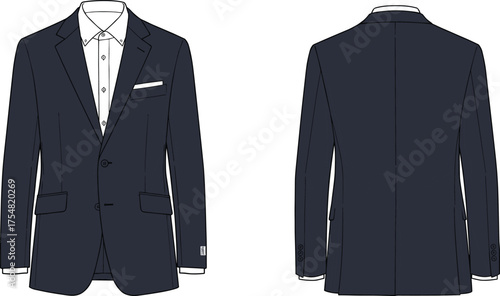 Suit Jacket Menswear Formalwear Tailored Blazer Fashion Apparel Clothing Garment Technical Sketch Flat Drawing Design Illustration Lapel Pockets Vents Classic Elegant