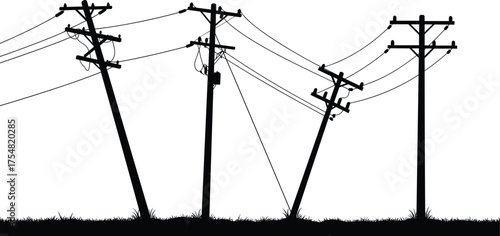 Utility Pole Wires Cables Transformer Insulator Electricity Power Grid Energy Infrastructure Silhouette Network Voltage Distribution Transmission Leaning Safety Damage Grass