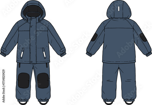 Outfit Kids Winter Jacket Pants Hooded Fashion Apparel Clothing Garment Technical Sketch Flat Drawing Design Illustration Childrenswear Outerwear Warm Durable Practical