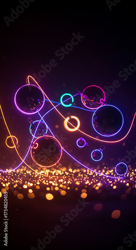 Colorful light trails and circles on dark background with glowing orbs  