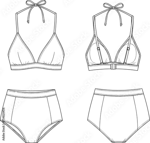 Swimsuit Bikini Two Piece Swimwear Halter Top High Waist Bottom Fashion Apparel Clothing Garment Technical Sketch Flat Drawing Design Illustration Womenswear Summer