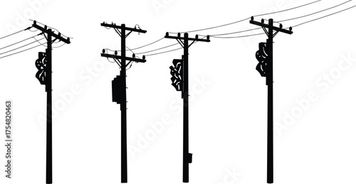 Utility Pole Wires Cables Transformer Insulator Electricity Power Grid Energy Infrastructure Silhouette Network Voltage Distribution Transmission Structure Technology Urban Industrial Supply