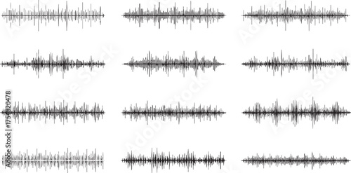 Abstract black and white sound wave patterns representing audio signals and digital waveforms