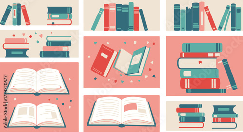 Collection of vintage and modern books stacked and displayed on shelves and surfaces in a vibrant flat design style