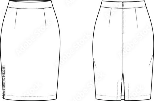 Skirt Pencil Slim Fit Fashion Apparel Clothing Garment Technical Sketch Flat Drawing Design Illustration Waistband Zipper Vent Darts Womenswear Tailoring Construction