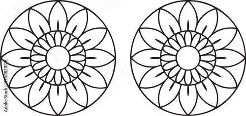Two black and white circular floral mandala designs side by side