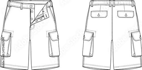 Shorts Cargo Utility Fashion Apparel Clothing Garment Technical Sketch Flat Drawing Design Illustration Pockets Waistband Zipper Button Casualwear Menswear Womenswear