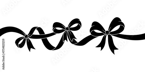 Seamless horizontal border featuring a flowing black ribbon tied into elegant gift bows for decoration