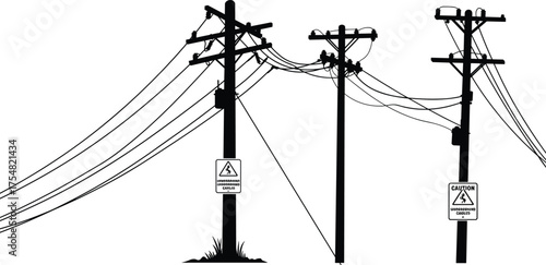Utility Pole Wires Cables Transformer Insulator Electricity Power Grid Energy Infrastructure Silhouette Network Voltage Distribution Transmission Safety Warning Sign