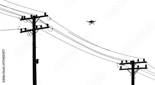 Utility Pole Wires Cables Transformer Insulator Electricity Power Grid Energy Infrastructure Silhouette Network Voltage Distribution Drone Technology Inspection Surveillance