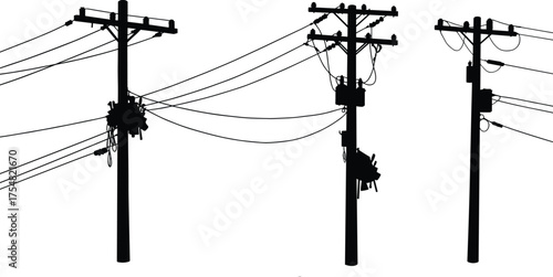 Utility Pole Wires Cables Transformer Insulator Electricity Power Grid Energy Infrastructure Silhouette Network Voltage Distribution Transmission Structure Engineering