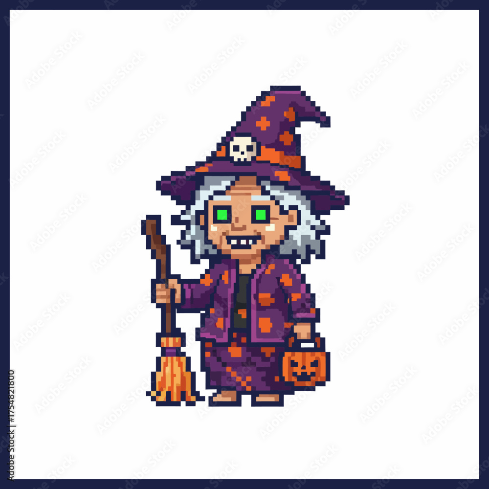 Fototapeta premium Pixel art of a witch with a broom and pumpkin bucket.