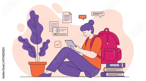 Illustration of a student girl sitting with a tablet, surrounded by books and a backpack, symbolizing modern education and the digital learning experience