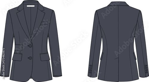 Blazer Jacket Tailored Formalwear Womenswear Fashion Apparel Clothing Garment Technical Sketch Flat Drawing Design Illustration Lapel Pockets Buttons Vent Structure
