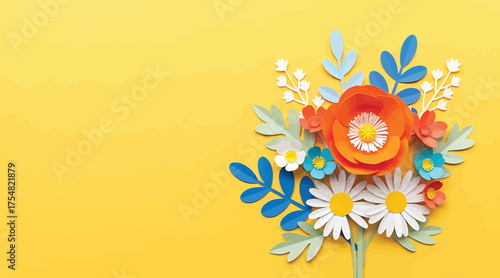 Vector art of colorful paper flowers arrangement isolated on yellow background, a vibrant and cheerful display of handcrafted floral art, perfect for spring and summer themes