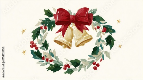 Christmas Wreath with Holly Berries, Golden Bells and Red Bow, Watercolor Holiday Illustration Ideal for Poster, Wallpaper and Seasonal Decor Projects, Festive Artistic Design with Star Details