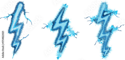 Three vibrant blue lightning bolt symbols with energetic electric crackles and sparks against a white background