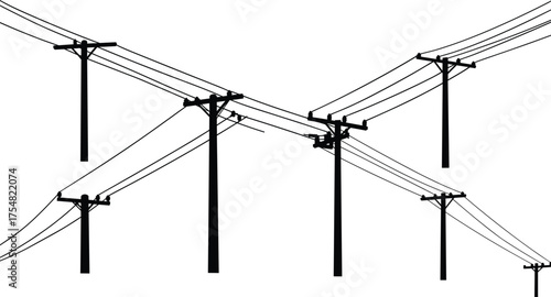 Utility Pole Wires Cables Transformer Insulator Electricity Power Grid Energy Infrastructure Silhouette Network Voltage Distribution Transmission Geometry Symmetry