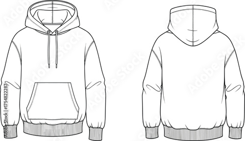 Hoodie Sweatshirt Hood Casualwear Clothing Fashion Apparel Garment Technical Sketch Flat Drawing Design Illustration Zipper Pocket Cuffs Waistband Front Back