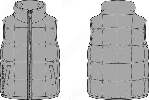 Quilted Vest Sleeveless Outerwear Jacket Puffer Insulated Warm Clothing Fashion Apparel Garment Technical Sketch Design Illustration Zipper Collar Pockets Winter