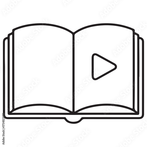 Open Book Outline Icon with Play Button Symbol on White