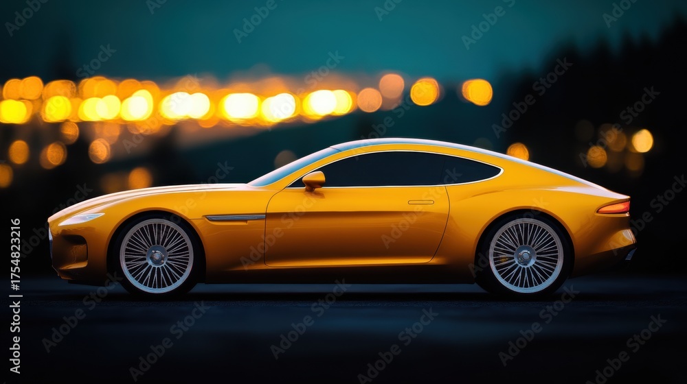 Fototapeta premium Elegant yellow sports car parked against a twinkling city backdrop at night