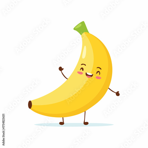A cheerful cartoon banana character waving with a friendly smile and rosy cheeks, depicted on a white background