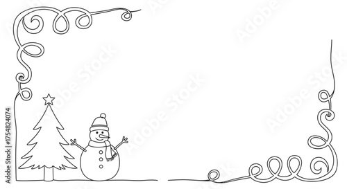 A simple line art illustration of a Christmas tree and snowman with decorative border elements.